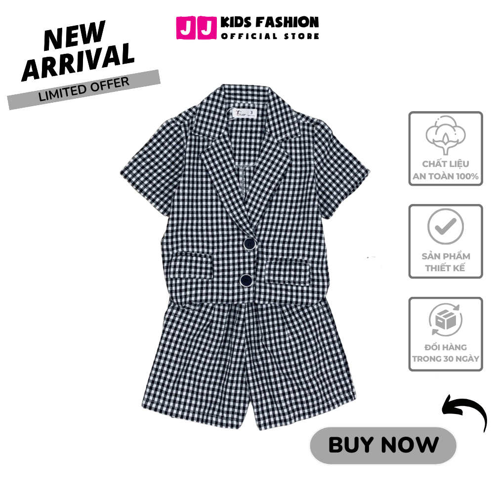 Set quần áo vest cho bé gái họa tiết sọc caro cao cấp - JJ Kids