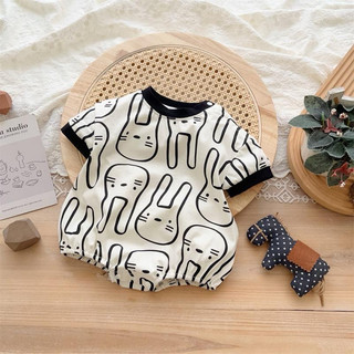 Bộ áo liền quần bằng cotton tay ngắn in hình thỏ