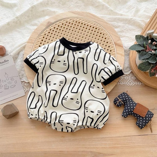 Bộ áo liền quần bằng cotton tay ngắn in hình thỏ