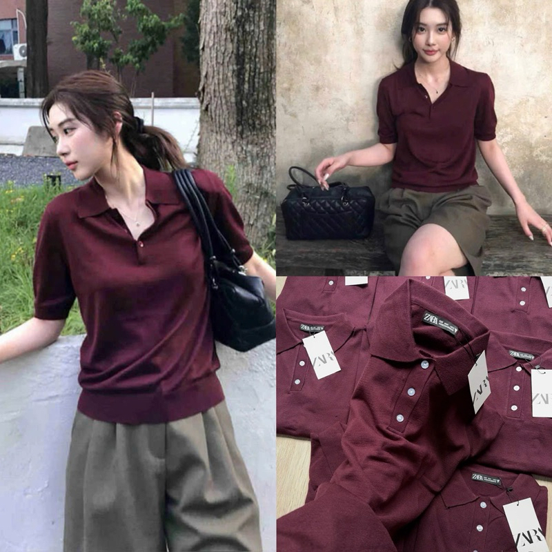 [New Hot] 007 Áo Polo Cổ Bẻ Nữ Đỏ Mận - Chất Liệu Dệt Kim Cao Cấp, Form Đẹp, Thoáng Mát Kèm Ảnh Thật
