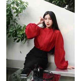 Áo tơ Rubyhouse cao cấp tay bồng màu kem tiểu thư, áo dài tay phồng bo chun