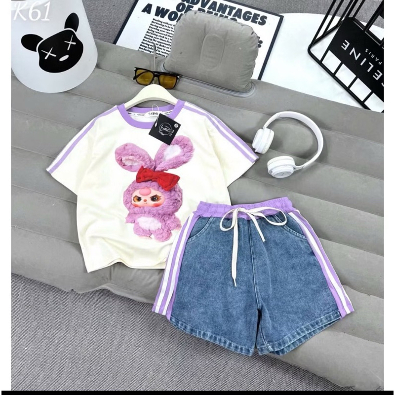 sét áo thun cotton phối viền in hình baby three phối quần jean kẻ sọc nổi bật size 26-50kg- cho bé diệu linh shop kids