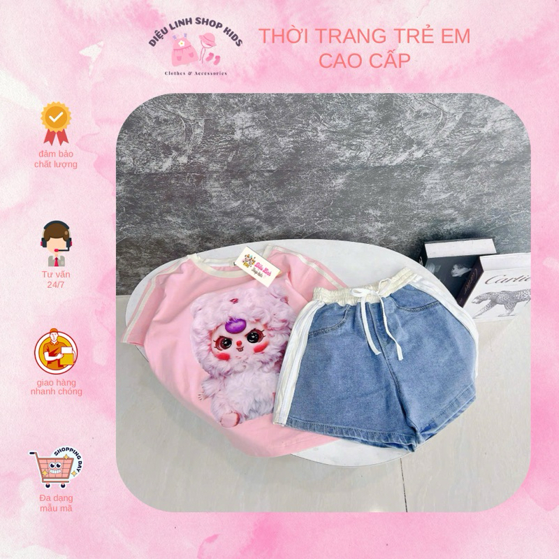 sét áo thun cotton phối viền in hình baby three phối quần jean kẻ sọc nổi bật size 26-50kg- cho bé diệu linh shop kids