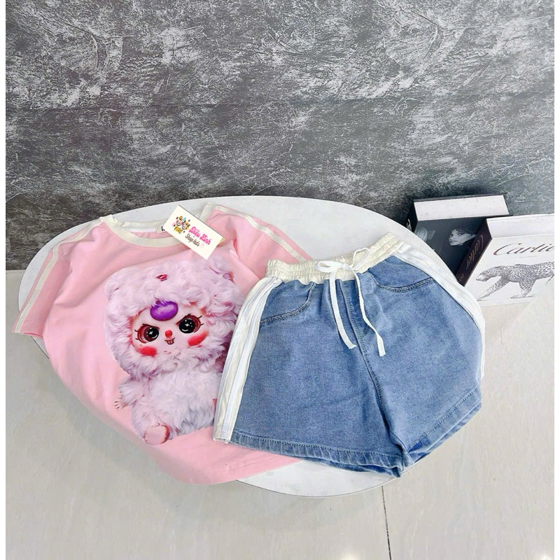 sét áo thun cotton phối viền in hình baby three phối quần jean kẻ sọc nổi bật size 26-50kg- cho bé diệu linh shop kids