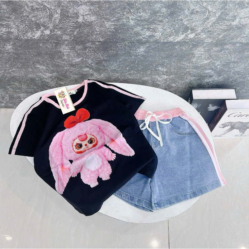 sét áo thun cotton phối viền in hình baby three phối quần jean kẻ sọc nổi bật size 26-50kg- cho bé diệu linh shop kids