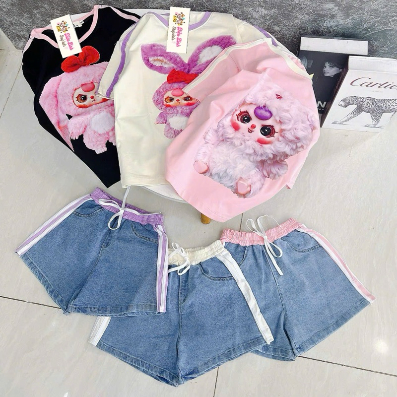 sét áo thun cotton phối viền in hình baby three phối quần jean kẻ sọc nổi bật size 26-50kg- cho bé diệu linh shop kids