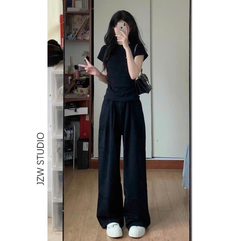 Sét Bộ Đồ Nữ, Sét Bộ Đồ Quần Ống rộng Cạp chun Hách Dáng + Mix Kèm Áo croptop Thun Tăm Trơn Dáng Ngắn