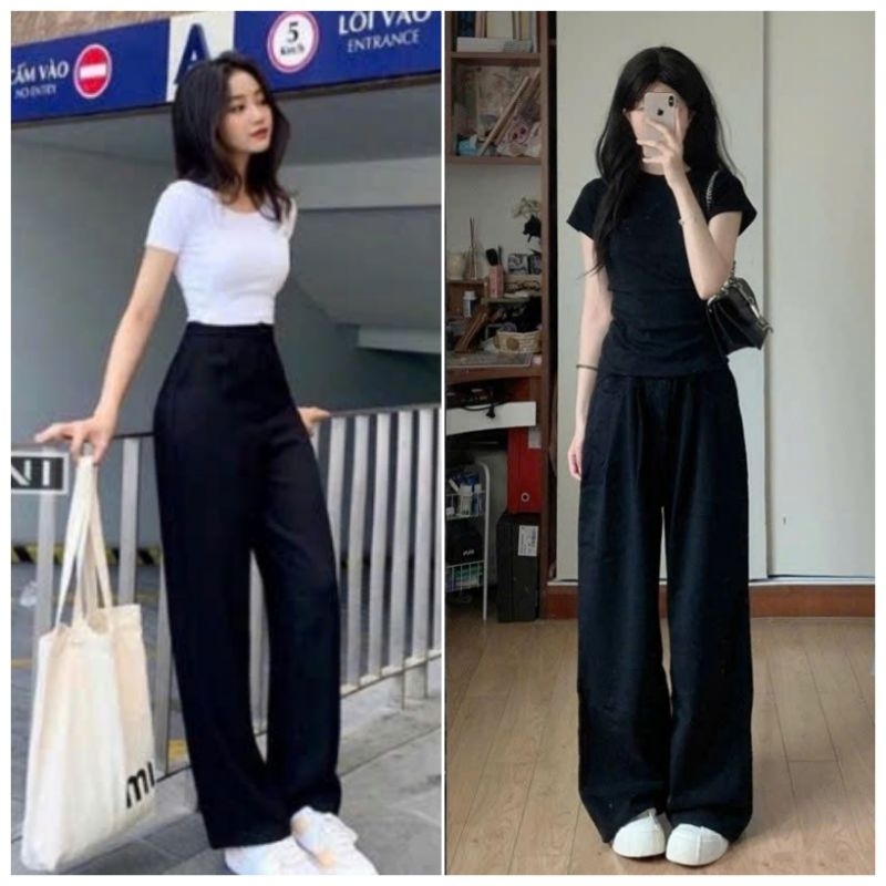 Sét Bộ Đồ Nữ, Sét Bộ Đồ Quần Ống rộng Cạp chun Hách Dáng + Mix Kèm Áo croptop Thun Tăm Trơn Dáng Ngắn