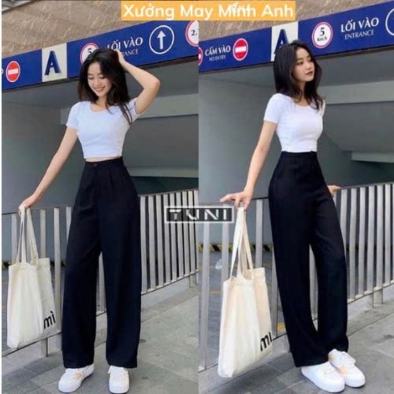 Sét Bộ Đồ Nữ, Sét Bộ Đồ Quần Ống rộng Cạp chun Hách Dáng + Mix Kèm Áo croptop Thun Tăm Trơn Dáng Ngắn