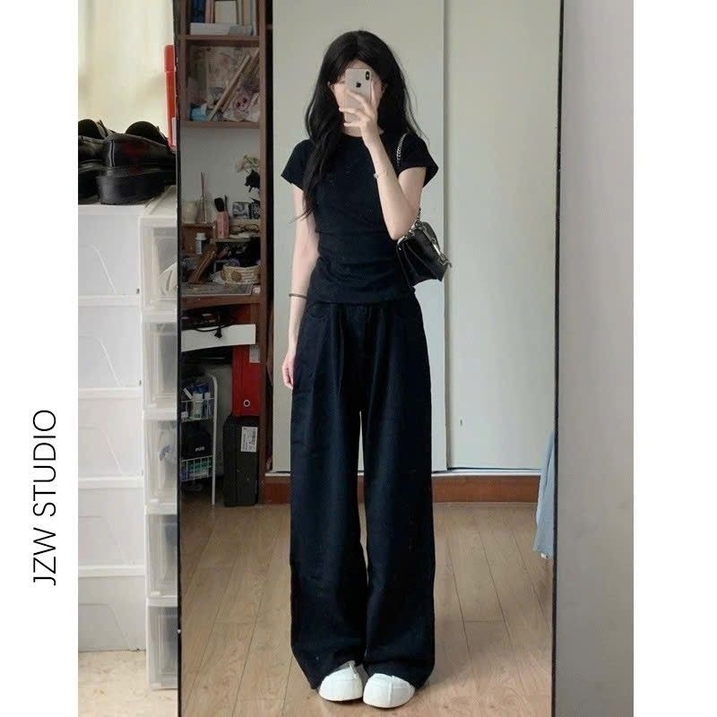 Sét Bộ Đồ Nữ, Sét Bộ Đồ Quần Ống rộng Cạp chun Hách Dáng + Mix Kèm Áo croptop Thun Tăm Trơn Dáng Ngắn
