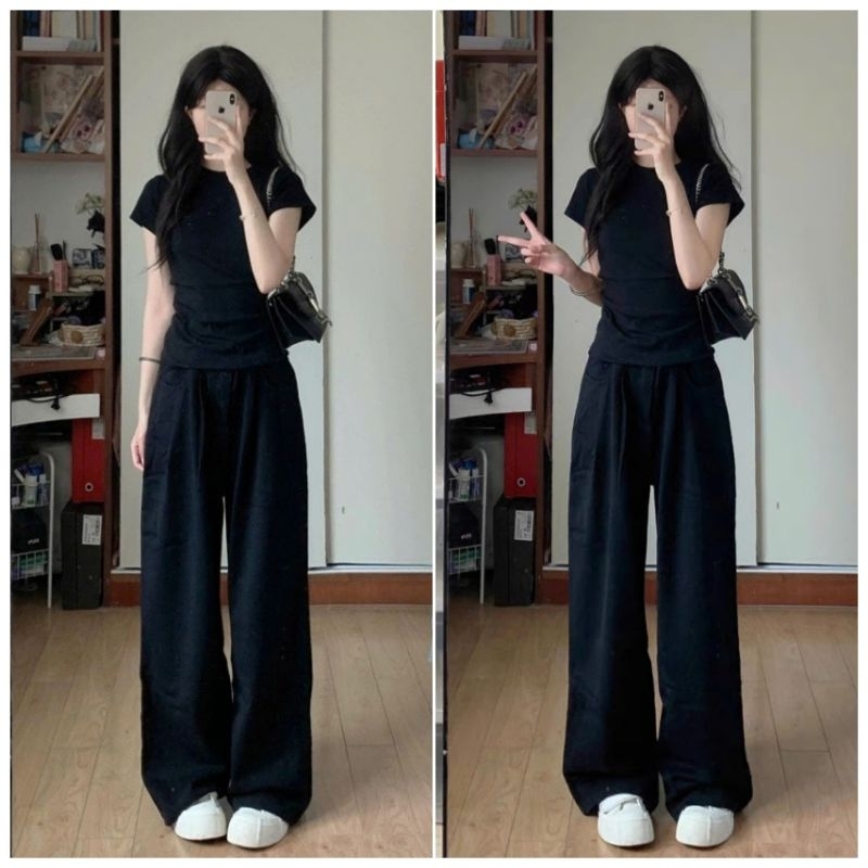 Sét Bộ Đồ Nữ, Sét Bộ Đồ Quần Ống rộng Cạp chun Hách Dáng + Mix Kèm Áo croptop Thun Tăm Trơn Dáng Ngắn