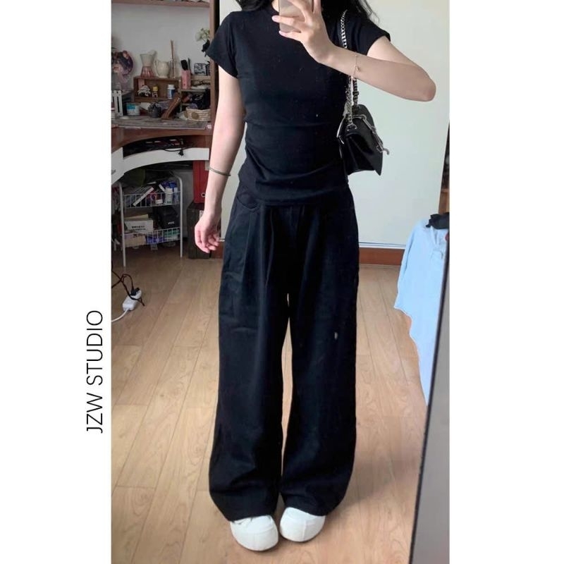 Sét Bộ Đồ Nữ, Sét Bộ Đồ Quần Ống rộng Cạp chun Hách Dáng + Mix Kèm Áo croptop Thun Tăm Trơn Dáng Ngắn
