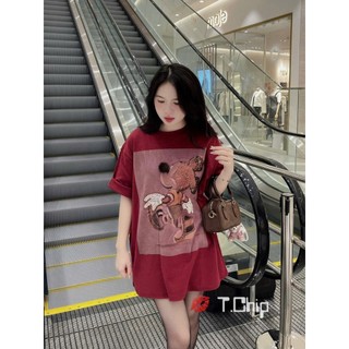 Áo Thun Mickey Phông Ngắn Tay Họa Tiết Đính Đá Bling Dáng Rộng Giấu Quần Trùm Mông QCCC Cao Cấp