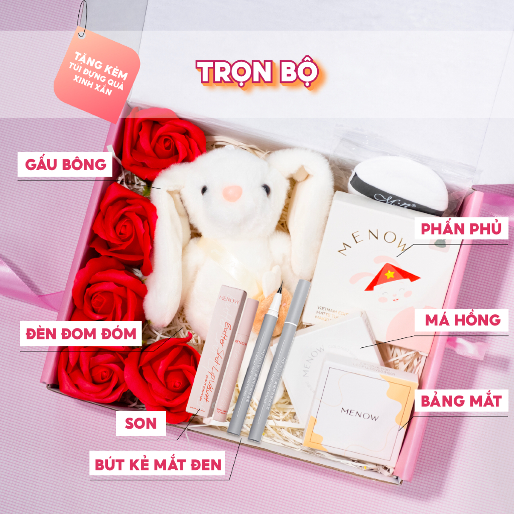 Hộp quà tặng trang điểm dành cho bạn gái kèm túi quà, gấu bông, hoa sáp và đèn Menow Bunny Box