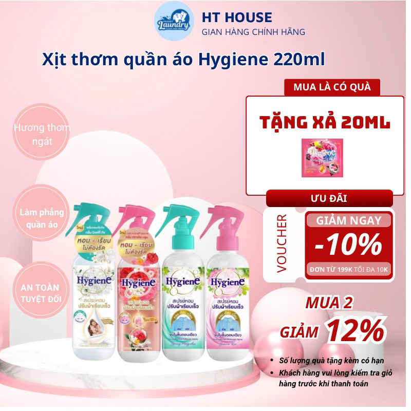 Xịt vải Hygiene, Xịt Thơm Quần Áo Hygiene Làm Phẳng Quần Áo, Xịt thơm Hygiene Rose Water Thái Lan Lưu Hương Lâu 220ml