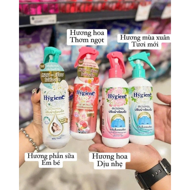 Xịt vải Hygiene, Xịt Thơm Quần Áo Hygiene Làm Phẳng Quần Áo, Xịt thơm Hygiene Rose Water Thái Lan Lưu Hương Lâu 220ml