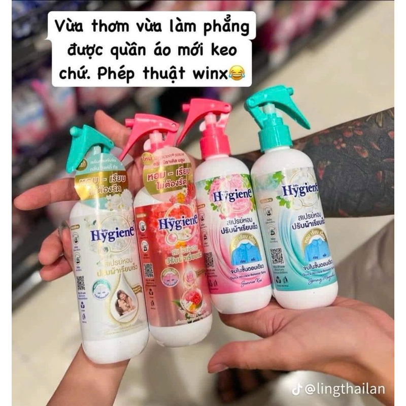 Xịt vải Hygiene, Xịt Thơm Quần Áo Hygiene Làm Phẳng Quần Áo, Xịt thơm Hygiene Rose Water Thái Lan Lưu Hương Lâu 220ml
