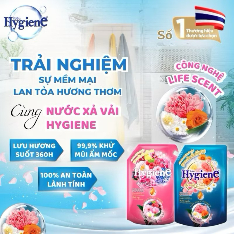 COMBO 2 Túi Nước xả vải Hygiene EXPER CARE Thái Lan gói lớn 1150ml, 2000ml hương hoa tự nhiên - HT House