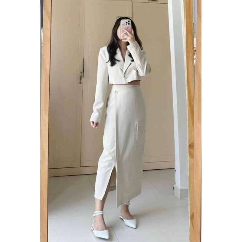 (Sale.BomoHouse) Set áo khoác blazer cropped, chân váy dài Primarkk* bigsize - dư xịn.
