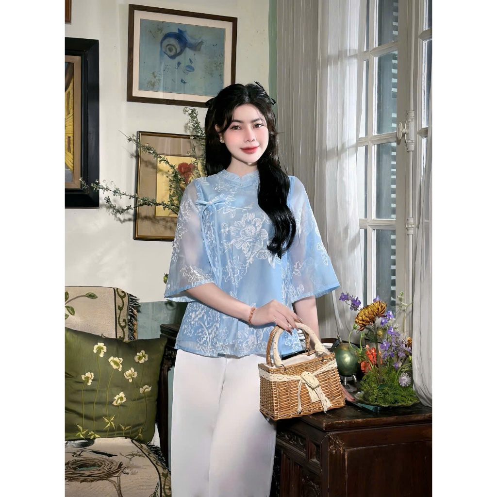 Đồ bộ đi chùa cổ tàu thêu hoa ren đính nơ ngọc Pháp phục lễ chùa tơ 2 lớp mềm Bộ lam đi chùa tiểu thư voan mềm mát