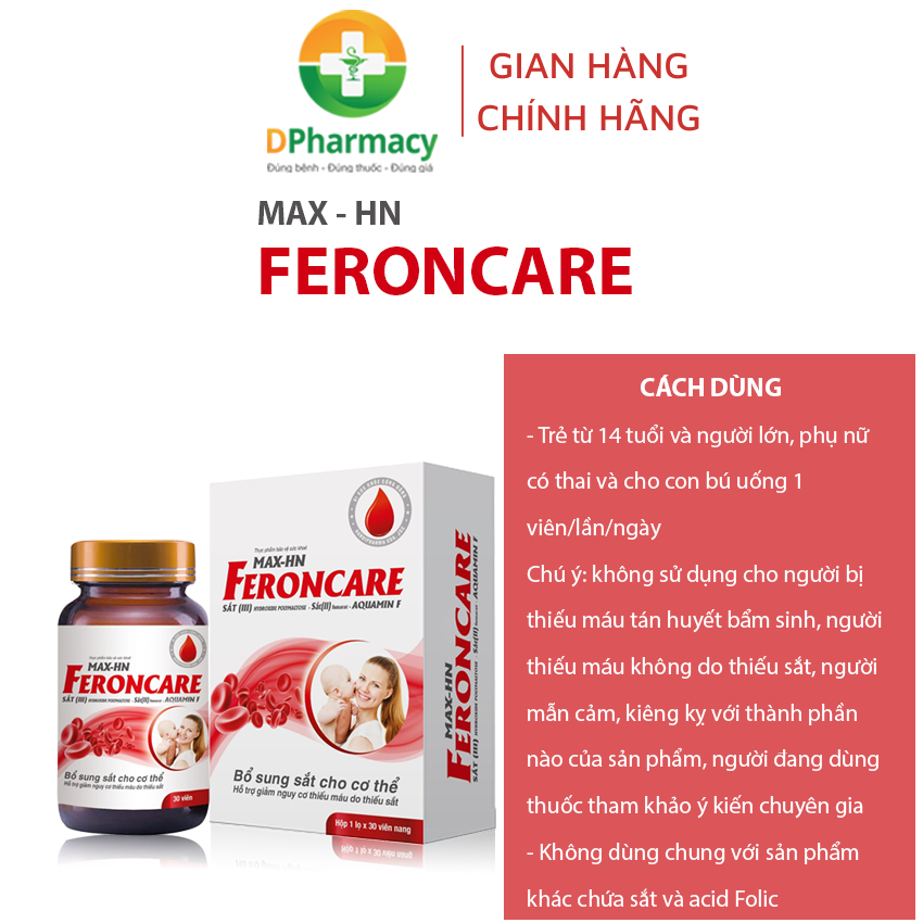 MAX - HN FERONCARE bổ sung sắt, acid Folic, hỗ trợ tăng tạo máu, giảm thiếu máu do thiếu sắt