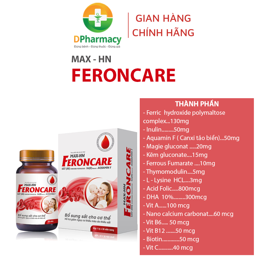 MAX - HN FERONCARE bổ sung sắt, acid Folic, hỗ trợ tăng tạo máu, giảm thiếu máu do thiếu sắt
