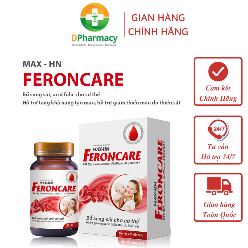 MAX - HN FERONCARE bổ sung sắt, acid Folic, hỗ trợ tăng tạo máu, giảm thiếu máu do thiếu sắt