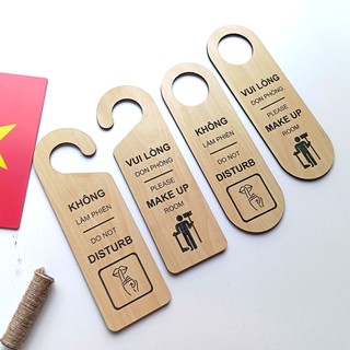 Thẻ treo cửa phòng khách sạn 2 mặt, Bảng không làm phiền, thông báo dọn phòng bằng gỗ khắc laser
