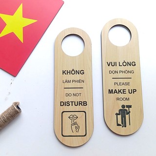 Thẻ treo cửa phòng khách sạn 2 mặt, Bảng không làm phiền, thông báo dọn phòng bằng gỗ khắc laser