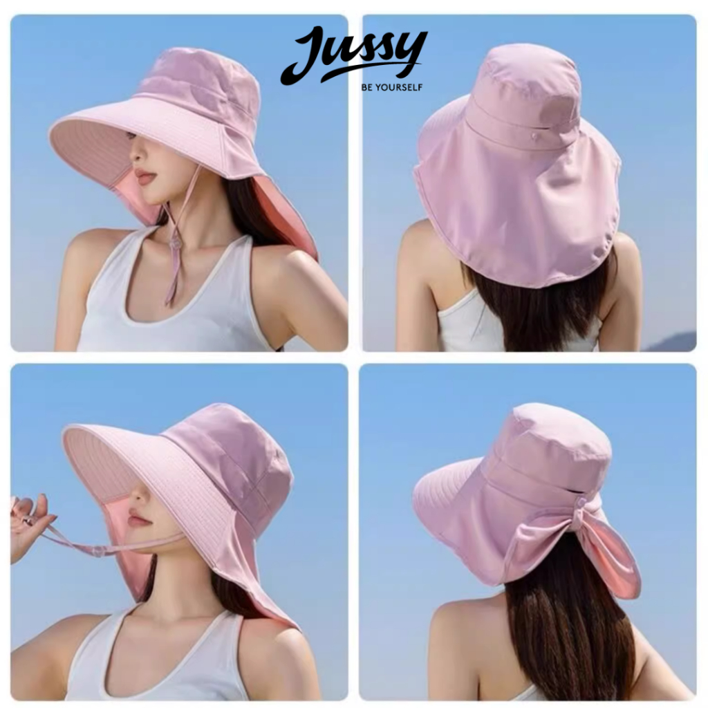 Mũ Chống Nắng Vành Rộng 12cm Kèm Khăn Che Full Vai Cổ JB48 Jussy Official Mũ Trùm Đầu Nữ Vải Cotton Chống Tia Uv