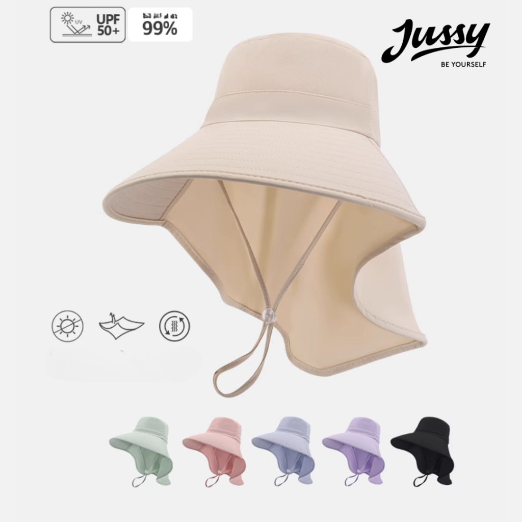 Mũ Chống Nắng Vành Rộng 12cm Kèm Khăn Che Full Vai Cổ JB48 Jussy Official Mũ Trùm Đầu Nữ Vải Cotton Chống Tia Uv