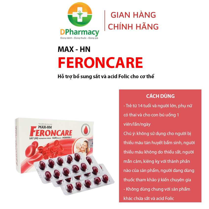 MAX - HN FERONCARE bổ sung sắt, acid Folic, hỗ trợ tạo máu, giảm thiếu máu do thiếu sắt, hộp 30v