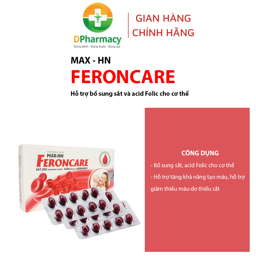 MAX - HN FERONCARE bổ sung sắt, acid Folic, hỗ trợ tạo máu, giảm thiếu máu do thiếu sắt, hộp 30v
