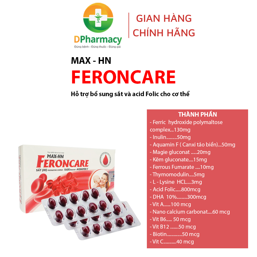 MAX - HN FERONCARE bổ sung sắt, acid Folic, hỗ trợ tạo máu, giảm thiếu máu do thiếu sắt, hộp 30v