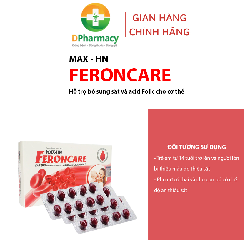 MAX - HN FERONCARE bổ sung sắt, acid Folic, hỗ trợ tạo máu, giảm thiếu máu do thiếu sắt, hộp 30v