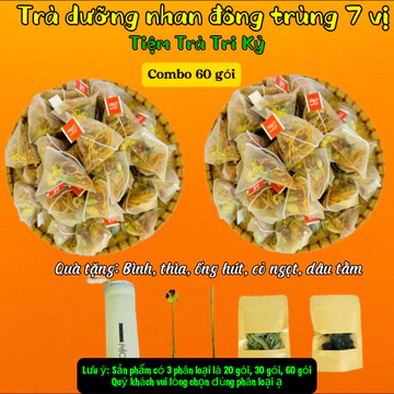 Trà dưỡng nhan đông trùng 7 vị - Tiệm Trà Tri Kỷ - Thành Phần: đông trùng, táo đỏ, kỷ tử, nụ hồng, hoa nhài,..