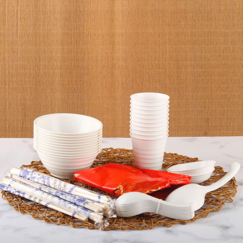 Bộ đồ ăn dùng 1 lần 10 NGƯỜI - 10 bát, 10 cốc, 10 đũa, 10 đĩa, 10 thìa, 2 đĩa chấm, túi rác (Tuyển sỉ)
