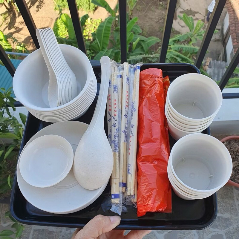 Bộ đồ ăn dùng 1 lần 10 NGƯỜI - 10 bát, 10 cốc, 10 đũa, 10 đĩa, 10 thìa, 2 đĩa chấm, túi rác (Tuyển sỉ)