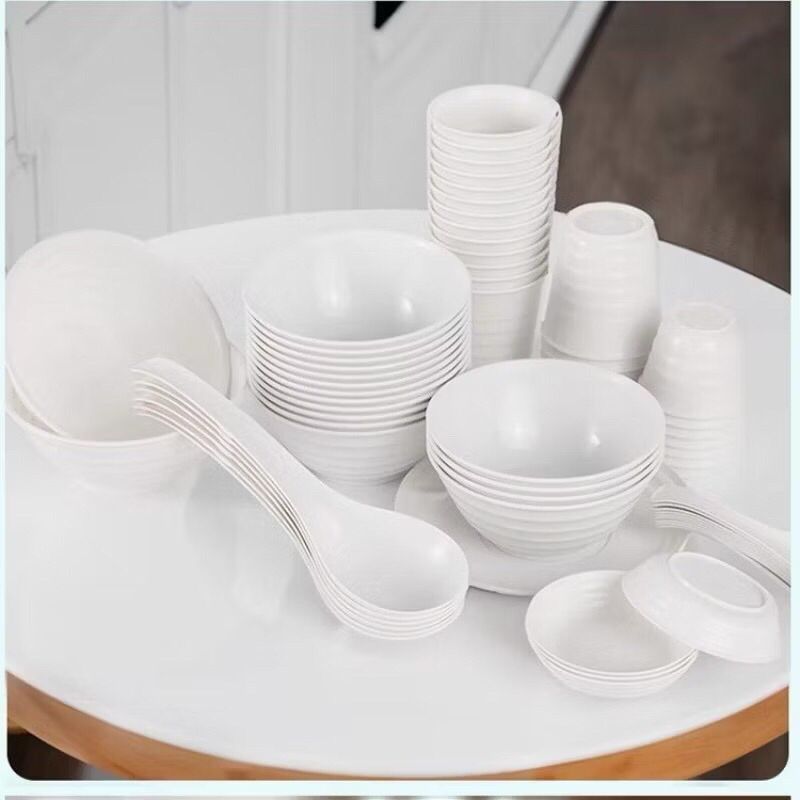 Bộ đồ ăn dùng 1 lần 10 NGƯỜI - 10 bát, 10 cốc, 10 đũa, 10 đĩa, 10 thìa, 2 đĩa chấm, túi rác (Tuyển sỉ)