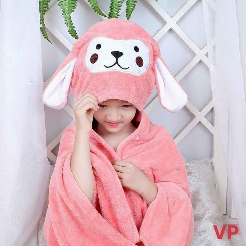 KHĂN TẮM KÈM MŨ TRÙM ĐẦU TAI THỎ CHẤT COTTON MỀM MẠI CHO BÉ