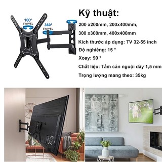 VARB Giá treo tivi xoay đa năng14-55 inch Giá treo tường TV khớp nối chuyển động đầy đủ, có xoay và nghiêng