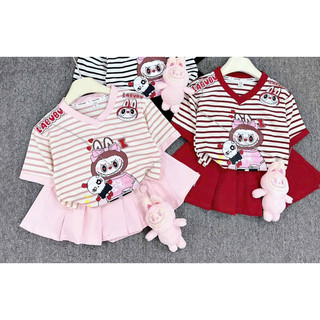 (KHÔNG GẤU) Set váy cổ tim xếp li LABUBU cho bé gái hè 2025 chất cotton mềm (8-40kg)