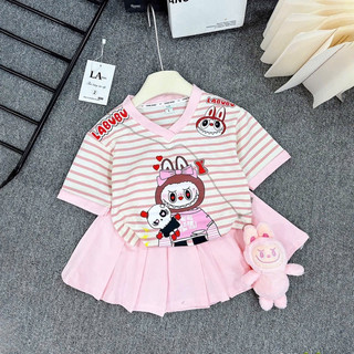 (KHÔNG GẤU) Set váy cổ tim xếp li LABUBU cho bé gái hè 2025 chất cotton mềm (8-40kg)