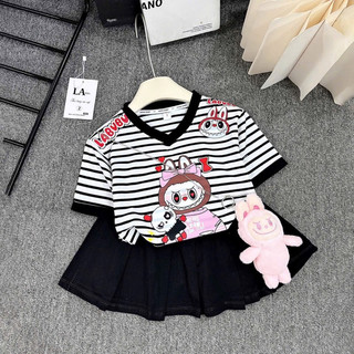 (KHÔNG GẤU) Set váy cổ tim xếp li LABUBU cho bé gái hè 2025 chất cotton mềm (8-40kg)