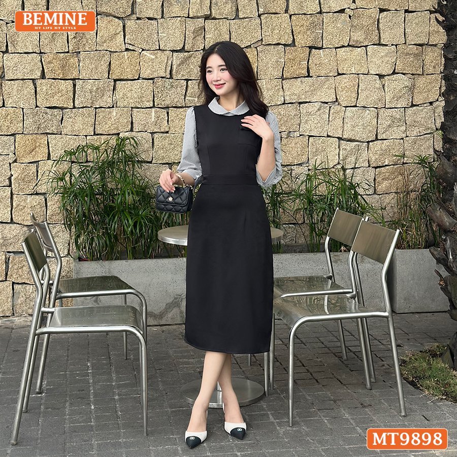 Ảnh Đầm thiết kế BEMINE cổ sen dáng bút chì tay dài phối sọc phù hợp đi làm, đi dạo phố-MT9898 3