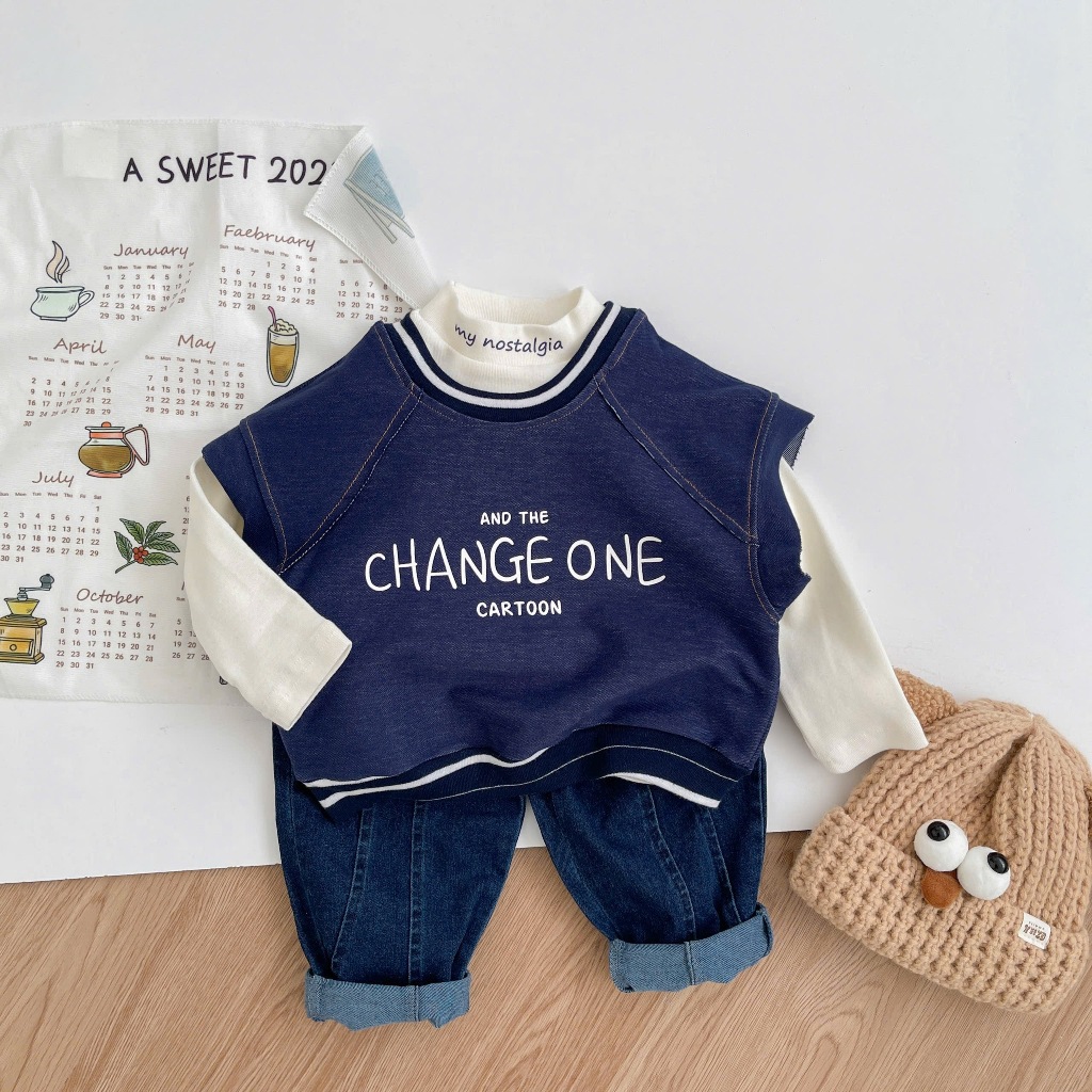 Áo sát nách bé trai, bé gái mix áo dài cao cổ, quần dài bò kaki chất mềm mịn, bé đi học đi chơi Miniumbabyfashion A2087