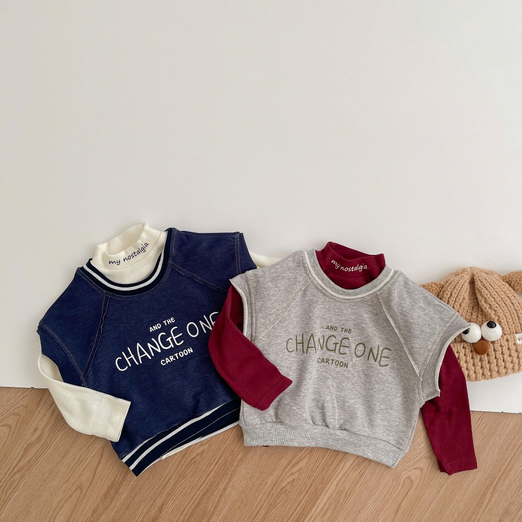 Áo sát nách bé trai, bé gái mix áo dài cao cổ, quần dài bò kaki chất mềm mịn, bé đi học đi chơi Miniumbabyfashion A2087