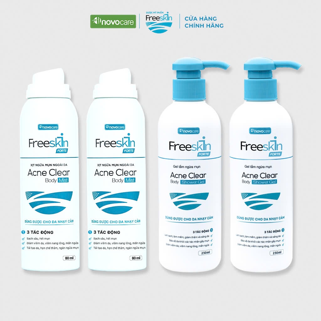 Ảnh Combo 2 Gel tắm ngừa mụn&Xịt mụn lưng Novocare - Freeskin chuyên dùng cho mụn cơ thể, viêm nang lông, viêm da 250ml-80ml 1