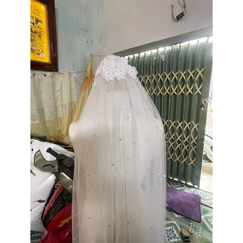 🍯🍯🍯Voan cô dâu đính hoa ren tren đầu, thân voan đính đá lấp lánh|Phukiencuoiyenlinh