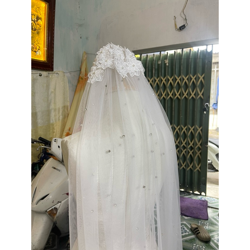 🍯🍯🍯Voan cô dâu đính hoa ren tren đầu, thân voan đính đá lấp lánh|Phukiencuoiyenlinh